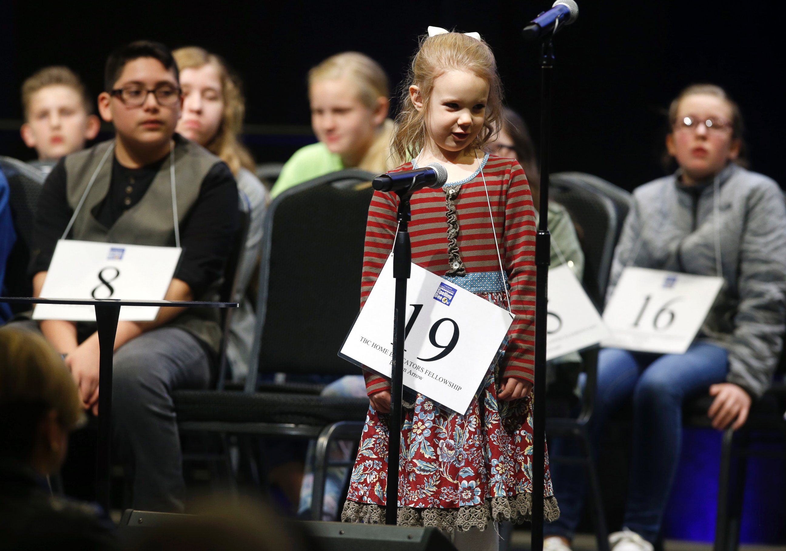 PHOTO: No.19 Edith Fuller, 5, spells a word during the 2017 Scripps Green Country Regional Spelling Bee in Tulsa, Okla., March 4,2017, she eventually won the competition. 