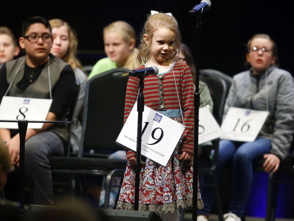 PHOTO: No.19 Edith Fuller, 5, spells a word during the 2017 Scripps Green Country Regional Spelling Bee in Tulsa, Okla., March 4,2017, she eventually won the competition.