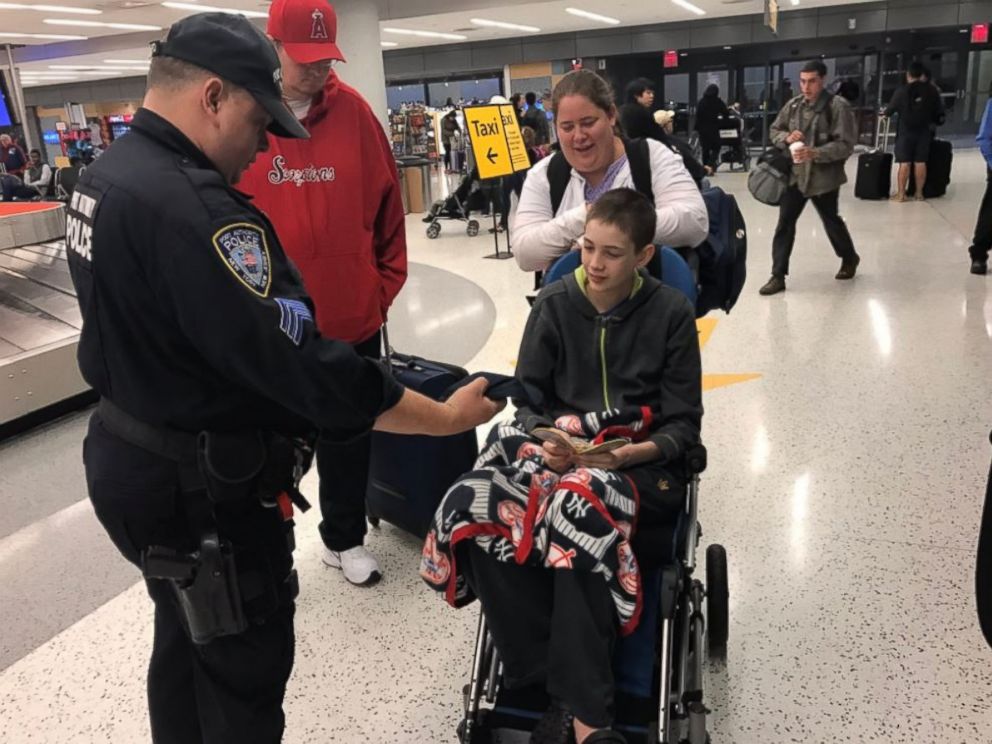 PHOTO: Jacob Priestley, 14, and his family were greeted by NYPD officers upon their arrival in New York City from Arizona on Nov. 1, 2016.
