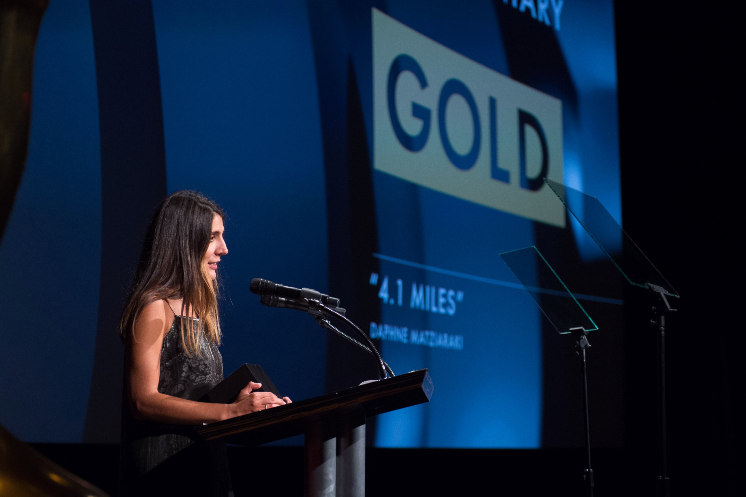 PHOTO: Daphne Matziaraki, winner of the gold medal in the documentary film category for "4.1 Miles," during the 43rd Annual Student Academy Awards on Sept. 22, 2017 in Beverly Hills, Calif..