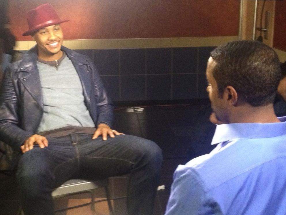 PHOTO: New York Knicks' player Carmelo Anthony is interviewed by ABC News' Ryan Smith in New York City.