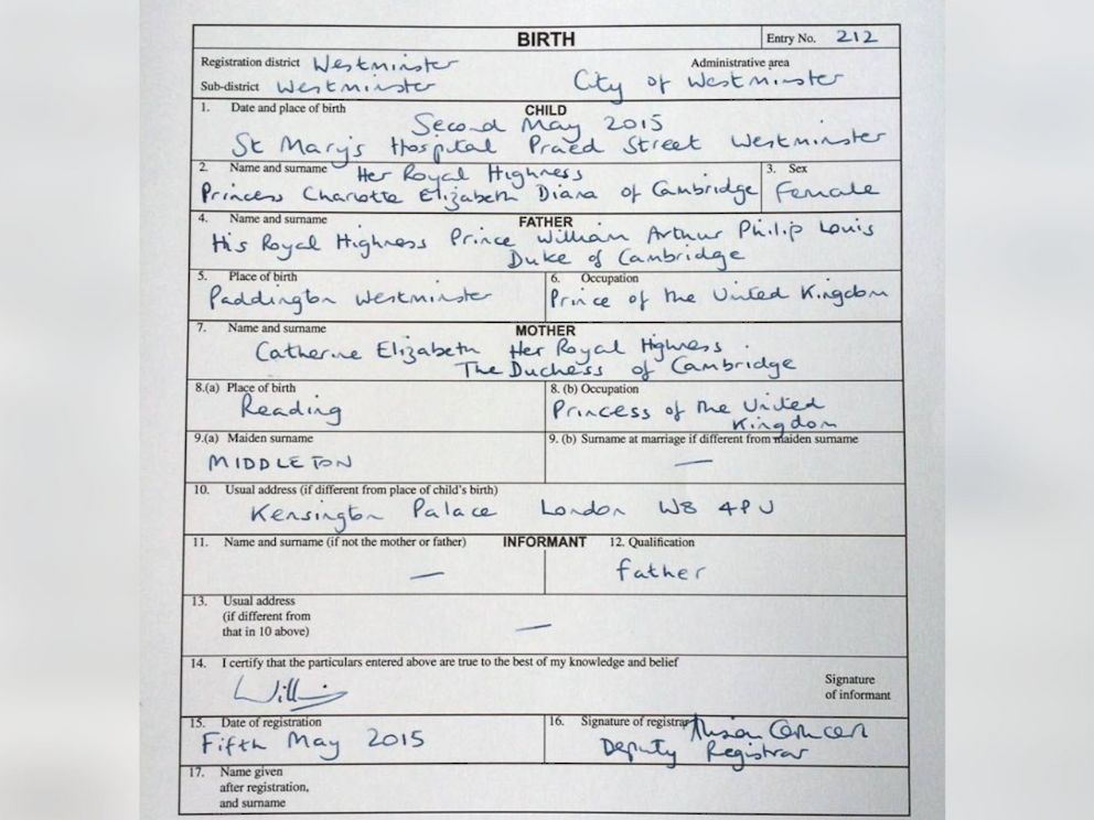 PHOTO: The Prince William, the Duke of Cambridge signed the birth register for Princess Charlotte at Kensington Palace, May 5, 2015. 