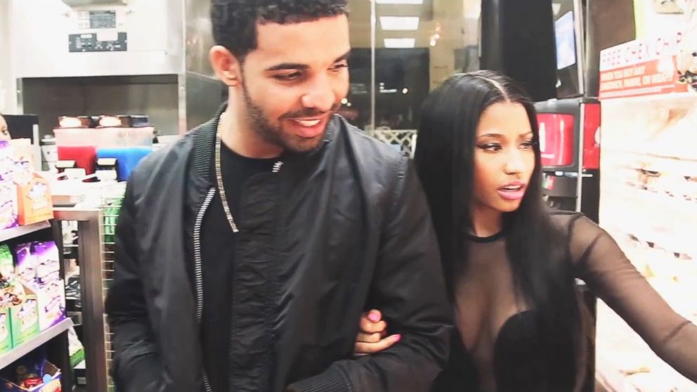 Singers Drake and Nicki Minaj go shopping in a video titled, "Nicki & Drake on the set of Usher's "She Came to Give It to You" video" posted to Minaj's YouTube channel on Aug. 26, 2014.