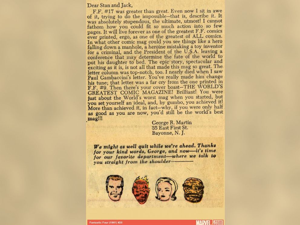 PHOTO: A letter from George R. R. Martin appeared in the 1961 edition of "The Fantastic Four" from Marvel. 