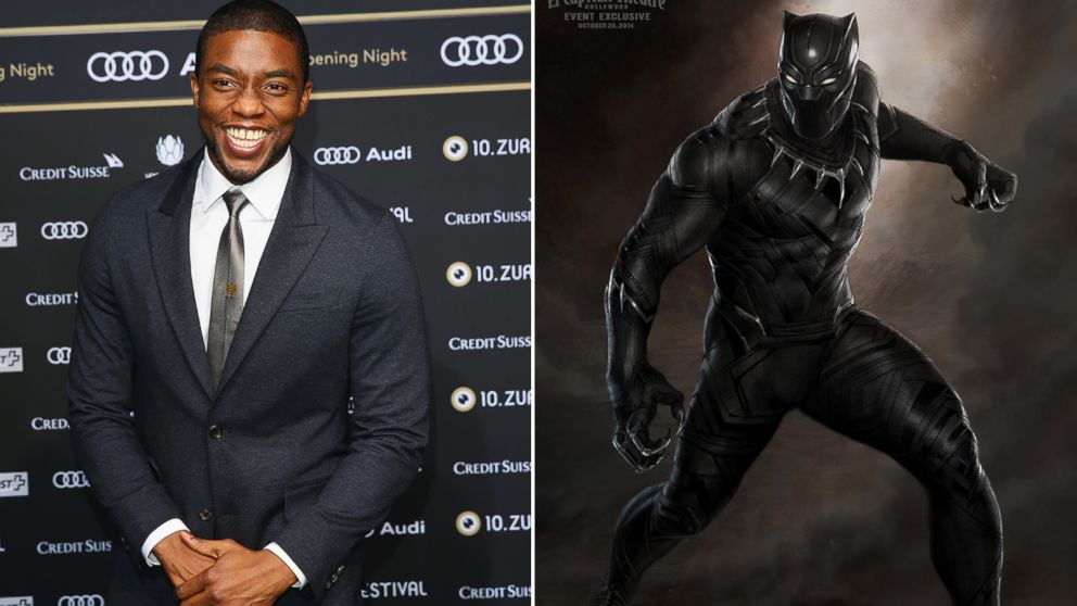 PHOTO: Chadwick Boseman, left, is seen in this Sept. 29, 2014 file photo, will be playing Black Panther, seen right in this concept drawing posted on Twitter on Oct. 28, 2014 by Ryan Penagos at Marvel Comics. 