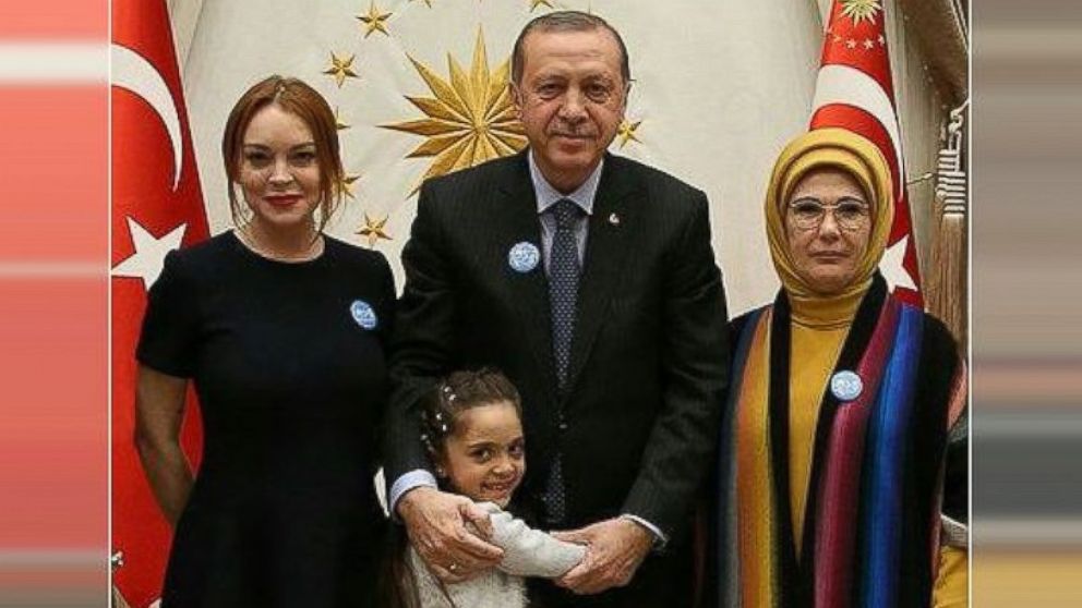 Lindsay Lohan (far left) and Bana Alabed posted this photo with Turkish president Recep Tayyip Erdogan and his wife Emine on January 27, 2017.