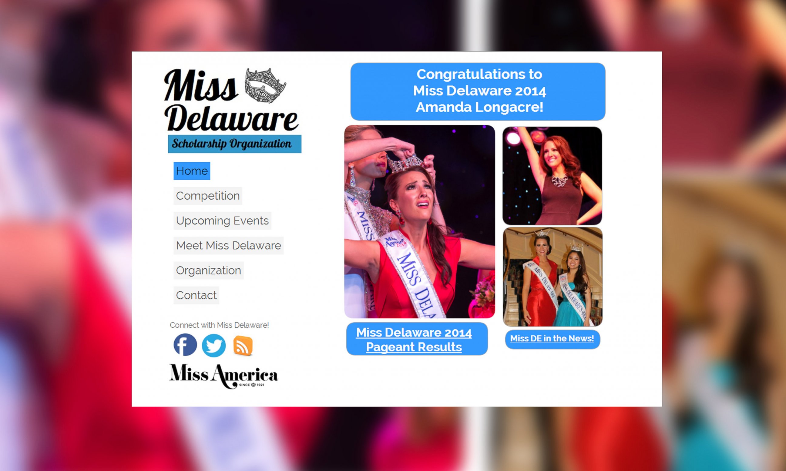 PHOTO: The Miss Delaware Scholarship Organization website, www.missde.org, showing Amanda Longacre's crowning is seen in a grab made from Google Cache on June 27, 2014. 