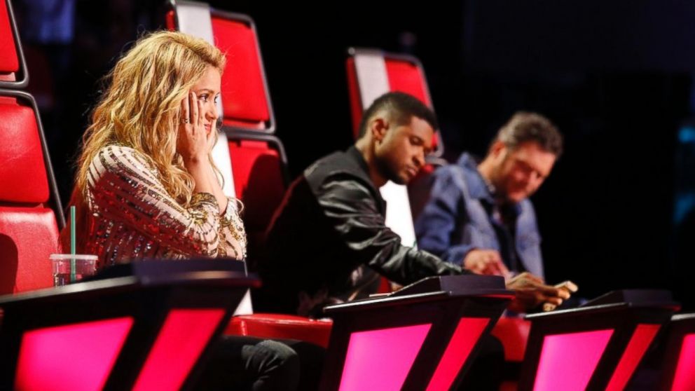 Shakira, Usher, Blake Shelton  are seen on The Voice, April 22, 2014. 