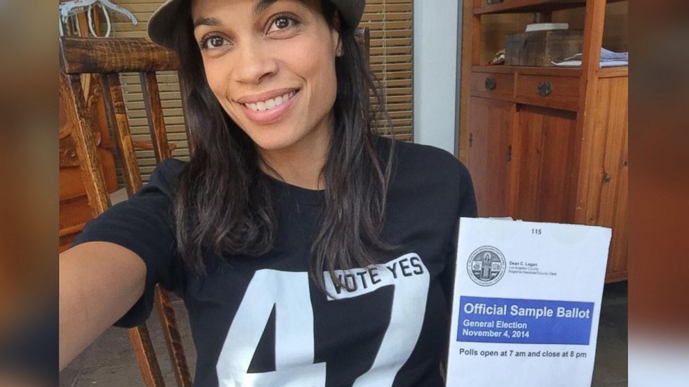 Actress Rosario Dawson is seen with a sample ballot in a photo posted to her Twitter account on Nov. 4, 2014 with the text, "Ready to go vote... Who's with me?!"