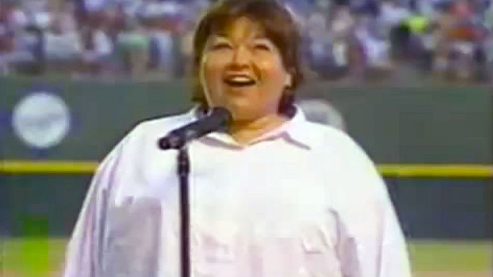PHOTO: Roseanne Barr is seen in this youtube clip singing the national anthem before San Diego Padres vs Cincinnati Reds game,  July, 25, 1990.