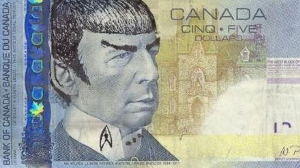 PHOTO: Design Canada posted this photo to their Twitter on Feb. 27, 2015 with the caption, ""Spock" your $5 bills for Leonard Nimoy."