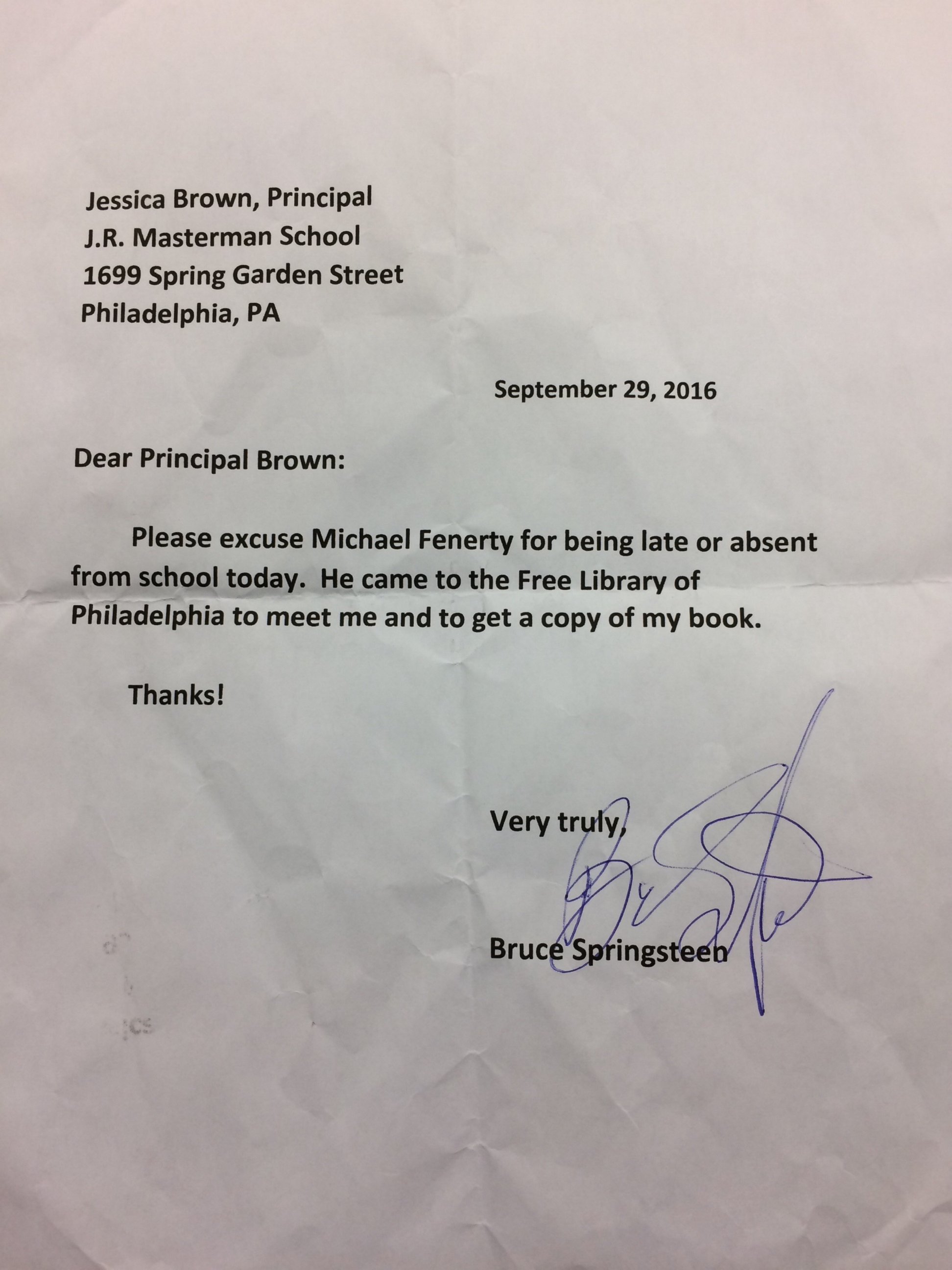 PHOTO: Springsteen Signs 5th Grader’s School Absence Note, But Dad Keeps the Original