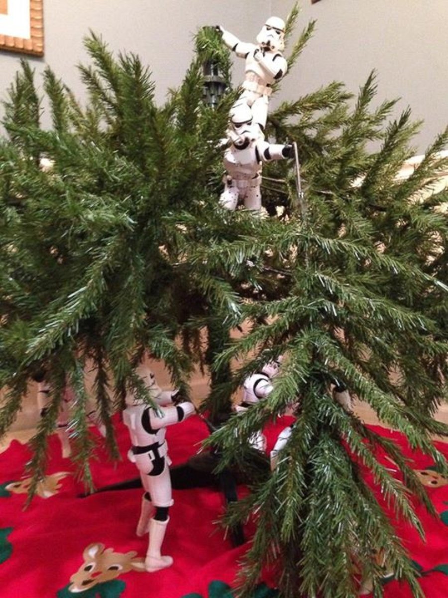 PHOTO: Father and son Phil and Kyle Shearrer enlisted the help of "Star Wars" stormtrooper figurines to assemble the family Christmas tree.