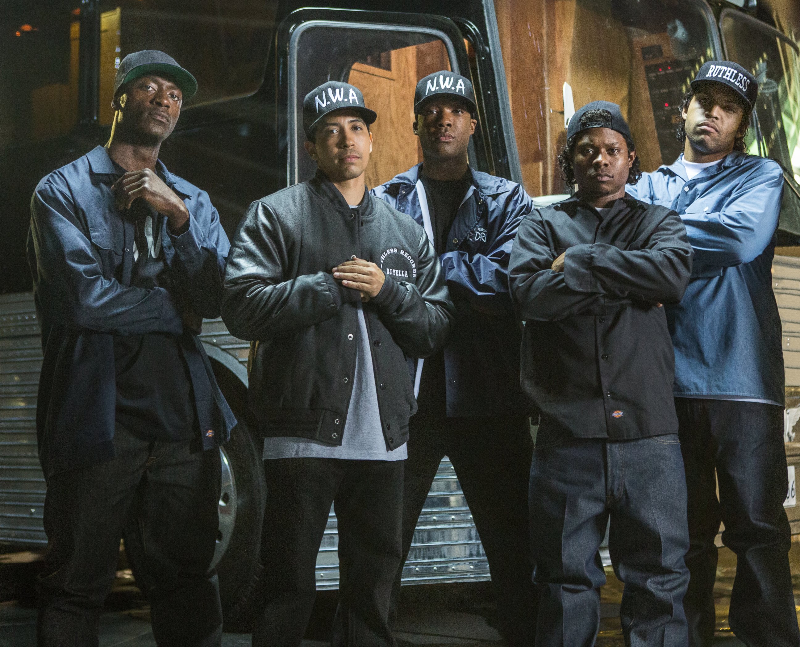 PHOTO:Aldis Hodge, Neil Brown, Jr., Corey Hawkins, Jason Mitchell, and O'Shea Jackson, Jr. as members of N.W.A in this undated film still from the film "Straight Outta Compton." 