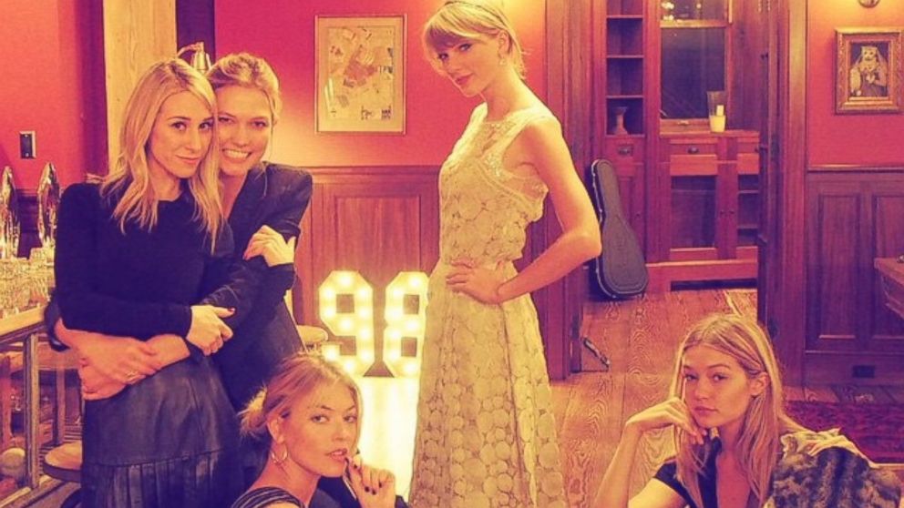 Taylor Swift posted this photo on Instagram on Jan. 18, 2015, with the caption "I didn't get the 'let's all wear black' memo. @gigihadid @karliekloss @marhunt @ashavignone"