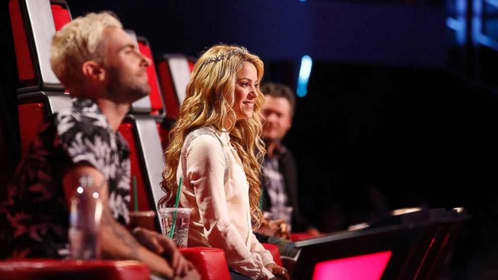 From left, Adam Levine, Shakira and Blake Shelton are pictured on "The Voice" on May 12, 2014.