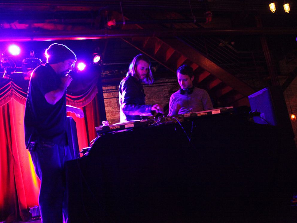 PHOTO: Zach Cowie, center, and Elijah Wood, right, are pictured during soundcheck at Brooklyn Bowl in Brooklyn, N.Y. on Jan. 19, 2015.