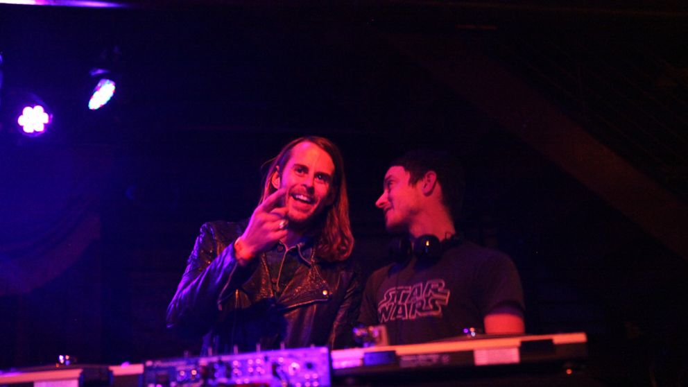 PHOTO: Zach Cowie, left, and Elijah Wood, right, are pictured DJ'ing at Brooklyn Bowl in Brooklyn, N.Y. on Jan. 19, 2015. 