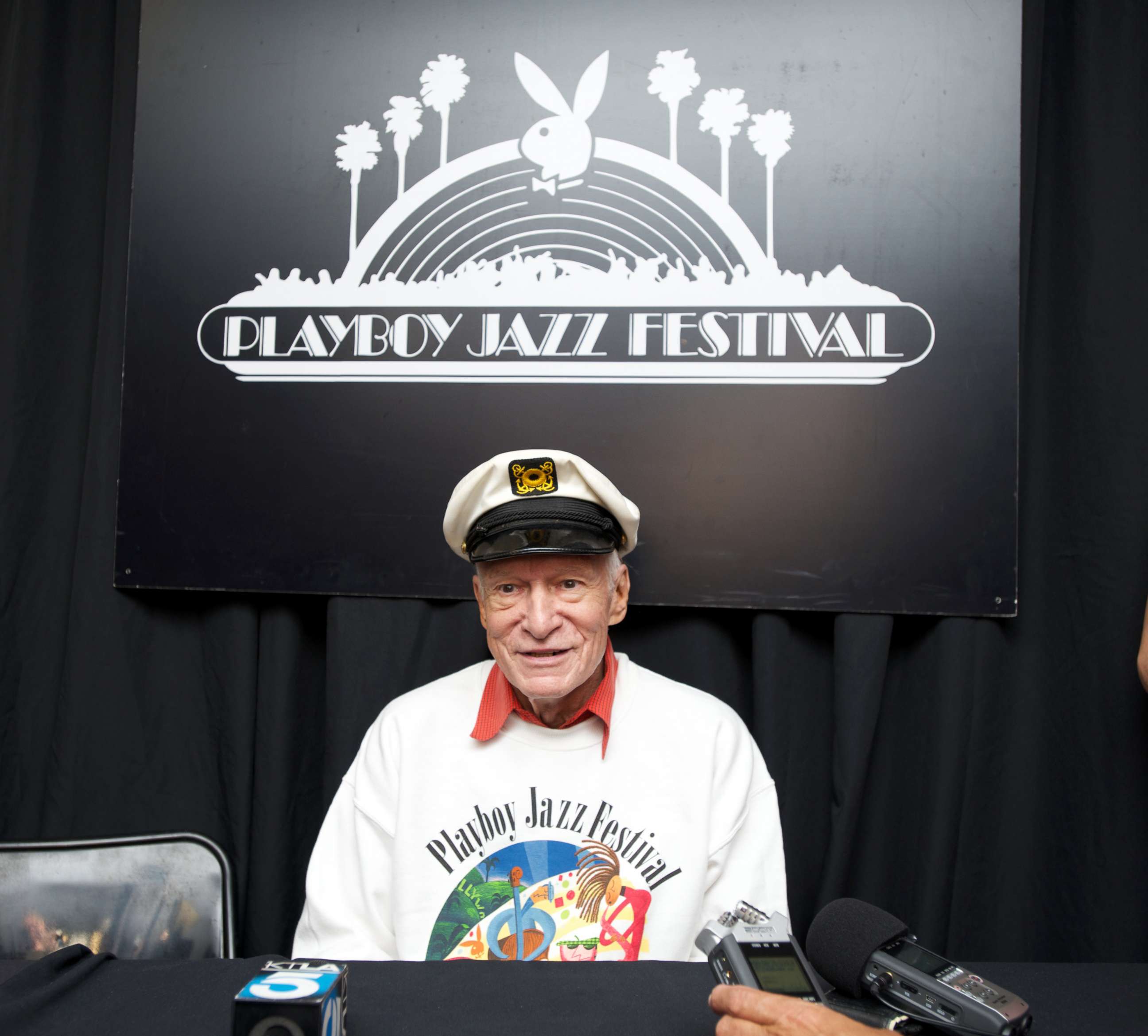 PHOTO: Publisher and Founder of Playboy Enterprises Hugh Hefner is interviewed at the 35th Annual Playboy Jazz Festival at The Hollywood Bowl, June 15, 2013 in Los Angeles. 