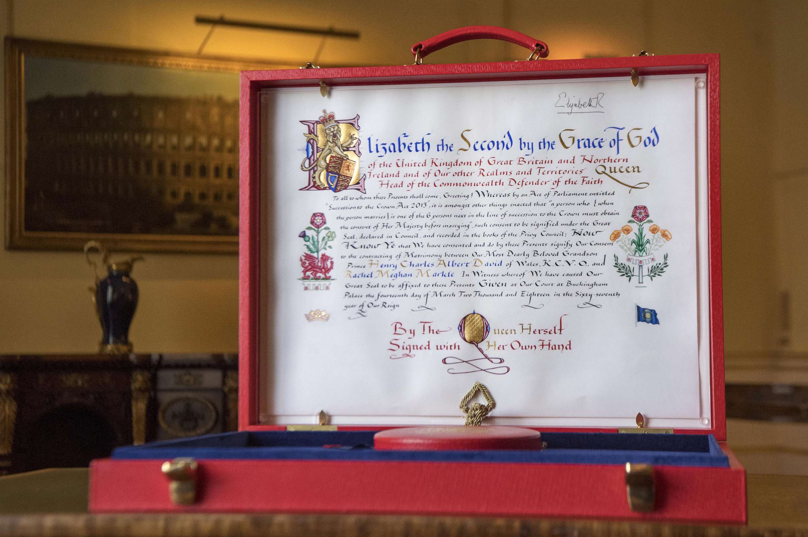 PHOTO: The 'Instrument of Consent,' which is the Queen's historic formal consent to Prince Harry's forthcoming marriage to Meghan Markle, is photographed at Buckingham Palace on May 11, 2018 in London.