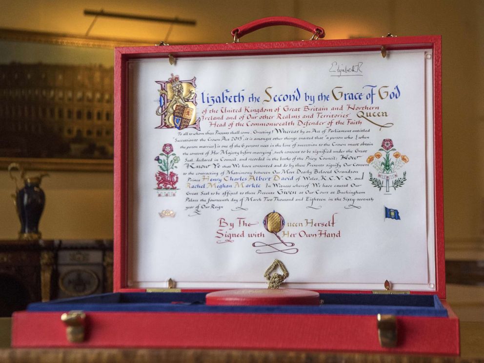 PHOTO: The Instrument of Consent, which is the Queens historic formal consent to Prince Harrys forthcoming marriage to Meghan Markle, is photographed at Buckingham Palace on May 11, 2018 in London.