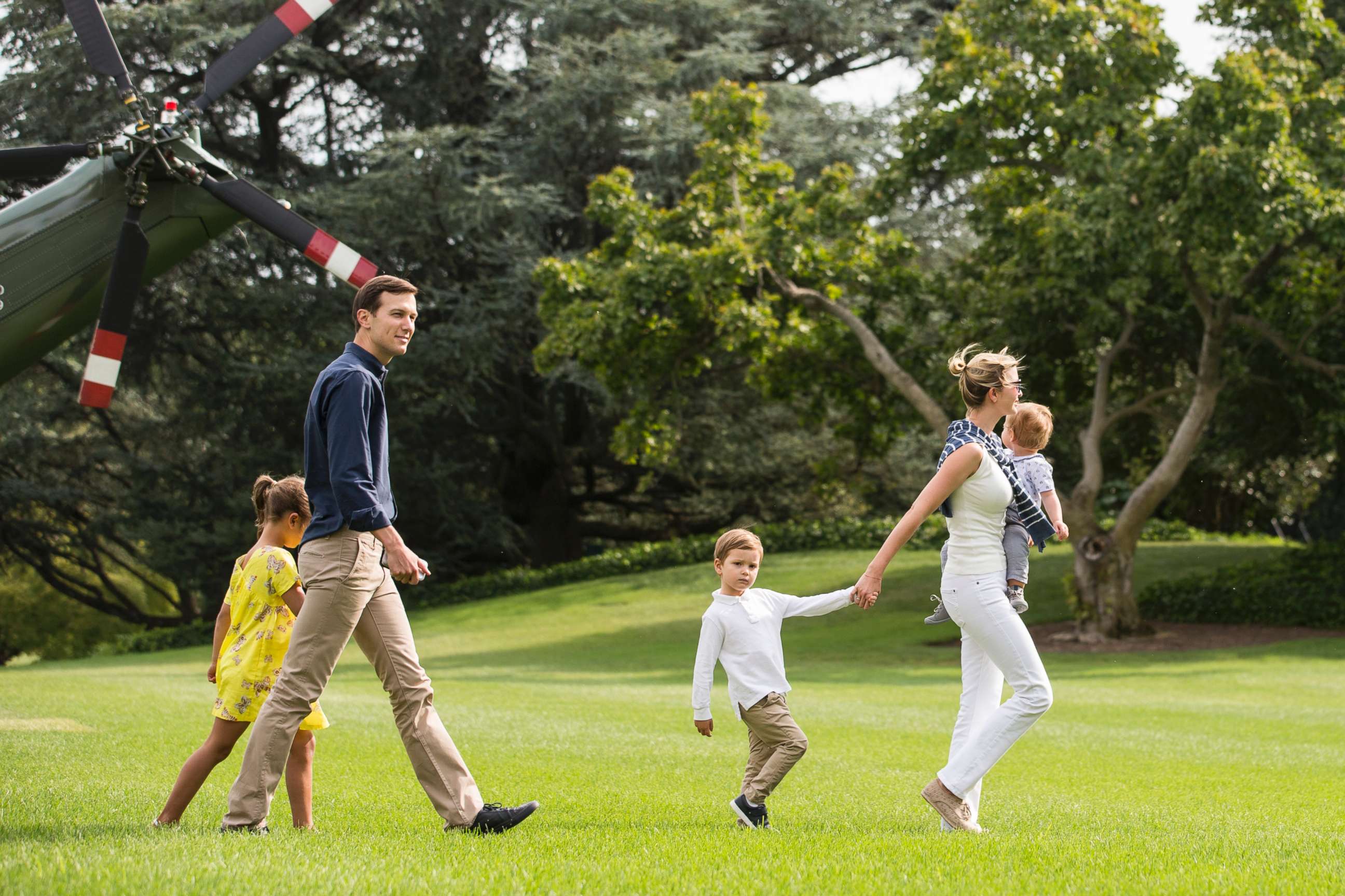 PHOTO: Jared Kushner and Ivanka Trump walk with their children, Arabella, Joseph, and Theodore after exiting Marine One outside the White House, Aug. 27, 2017 in Washington.