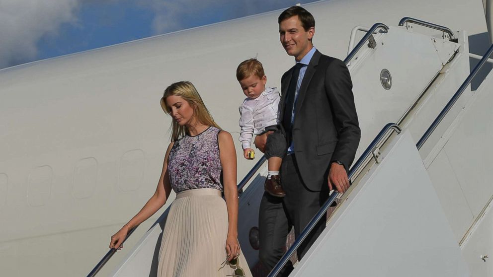 Ivanka Trump and husband Jared Kushner step off Air Force One with their children on Sept. 15, 2017 in Morristown, N.J. 