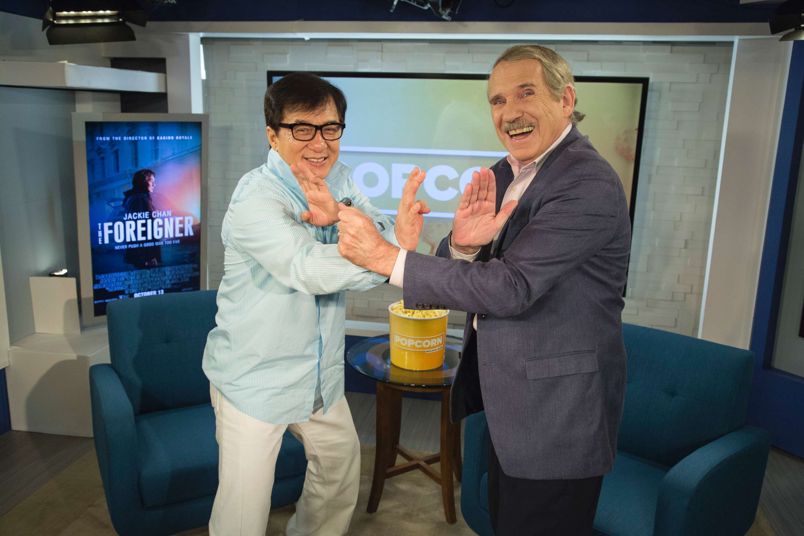 PHOTO: Peter Travers and Jackie Chan at the ABC News studios in New York City, Oct. 10, 2017.