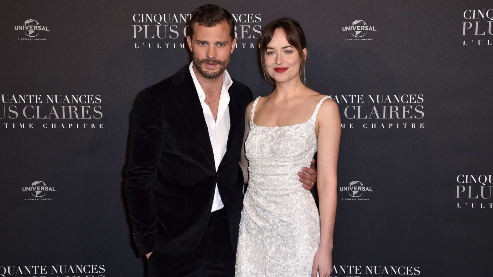 PHOTO: Jamie Dornan and Dakota Johnson attend the "Fifty Shades Freed - 50 Nuances Plus Clair" Paris Premiere at Salle Pleyel, Feb. 6, 2018, in Paris.