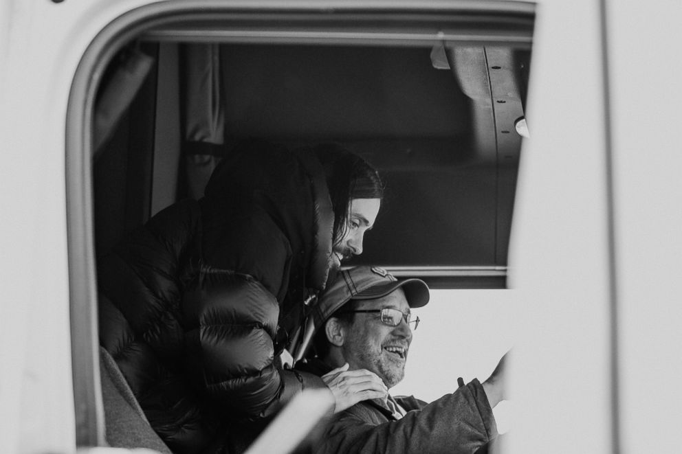 PHOTO: Jared Leto, frontman of Thirty Seconds to Mars, talks to a truck driver during his "Mars Across America" tour, April 3, 2018.