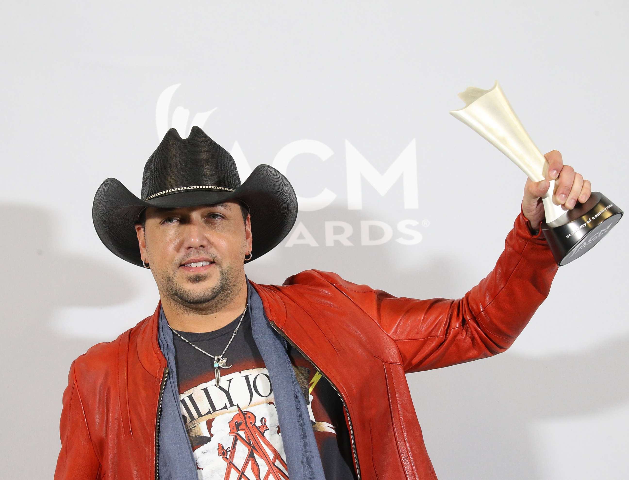 PHOTO: Jason Aldean poses inside the press room at the 52nd Academy of Country Music Awards held at T-Mobile Arena, in this file photo dated April 2, 2017, in Las Vegas.