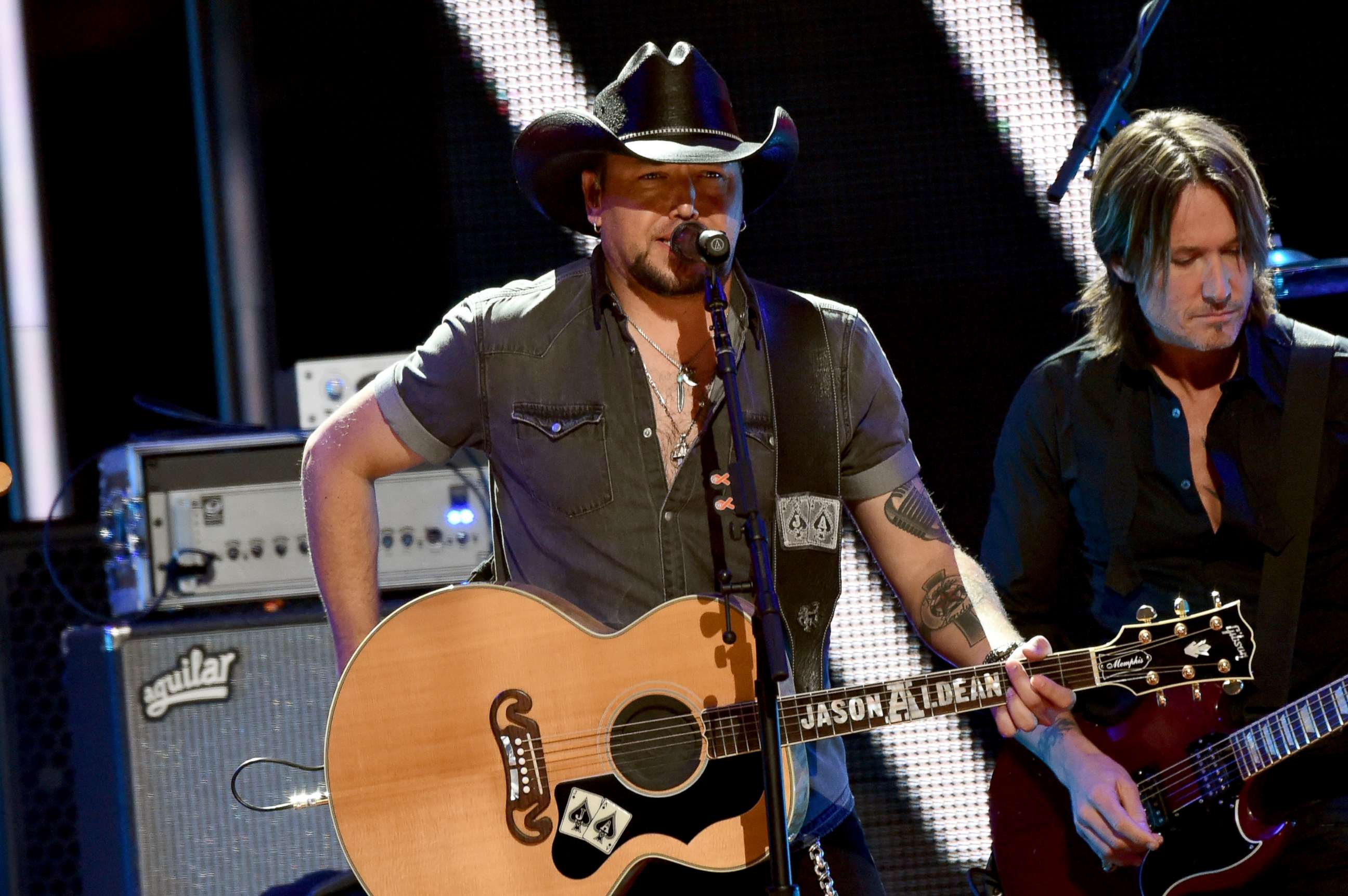 PHOTO: Honorees Jason Aldean and Keith Urban perform onstage at the 2017 CMT Artists Of The Year, Oct. 18, 2017 in Nashville, Tenn.