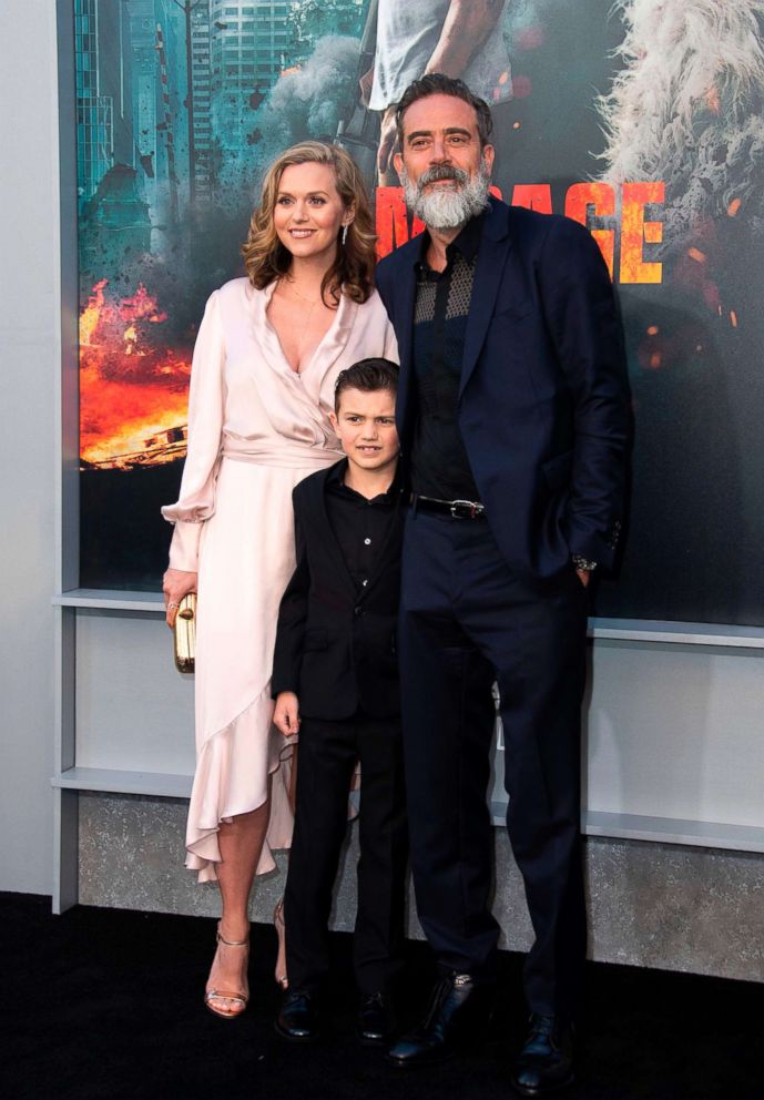 PHOTO: Actors Jeffrey Dean Morgan and Hilarie Burton and their son attend the World Premiere of "Rampage," April 4, 2018, in Los Angeles.