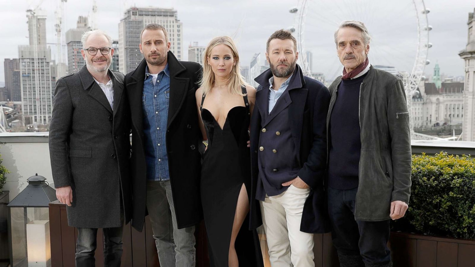 PHOTO: Francis Lawrence, Matthias Schoenaerts, Jennifer Lawrence, Joel Edgerton and Jeremy Irons during the "Red Sparrow" photocall at The Corinthia Hotel on Feb.20, 2018 in London.