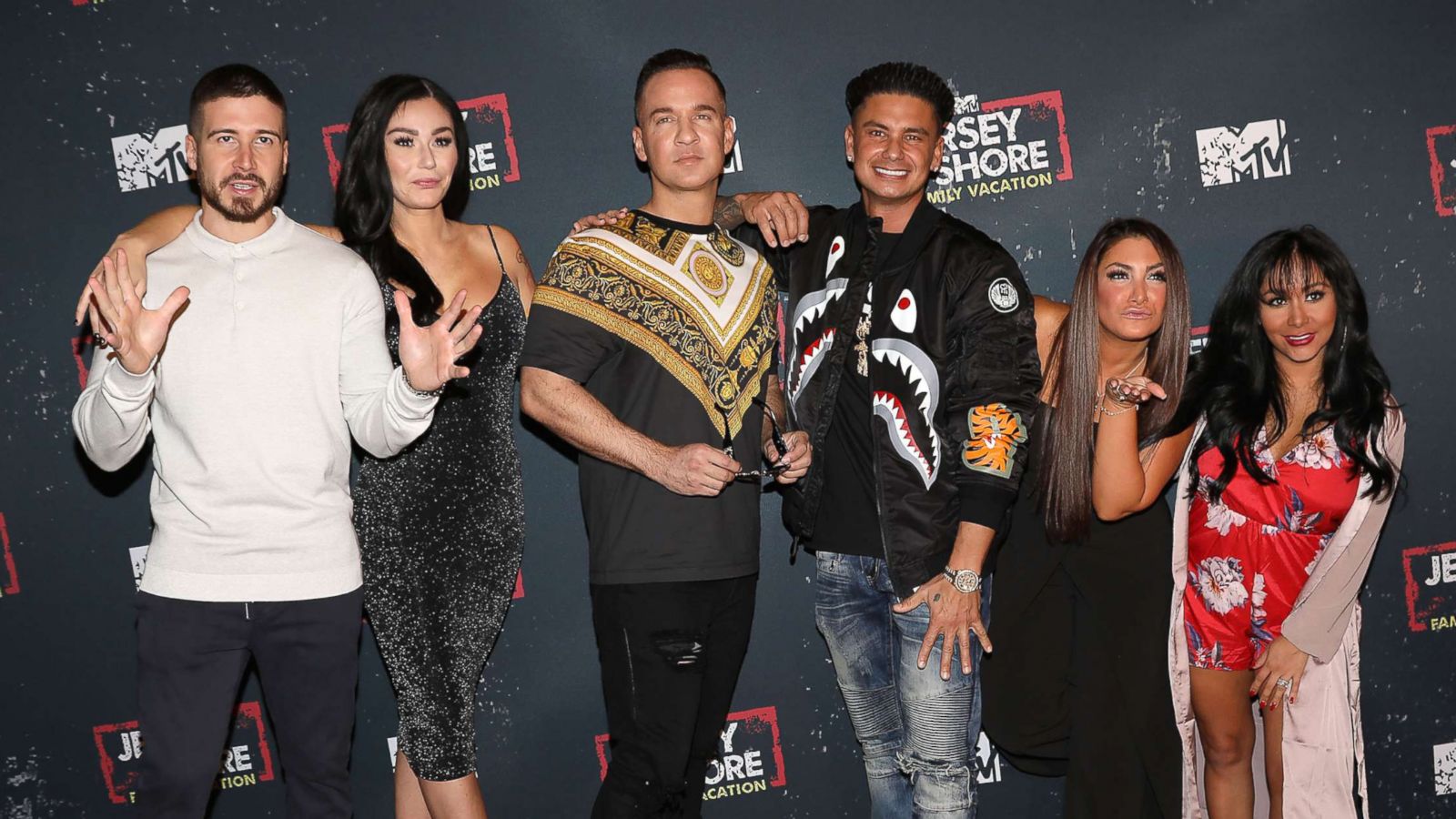 PHOTO: Vinny Guadagnino, Jenni 'JWOWW' Farley, Mike 'The Situation' Sorrentino, Paul 'Pauly D' Delvecchio, Deena Nicole Cortese and Nicole 'Snooki' Polizziat MTV's "Jersey Shore Family Vacation" premiere event in New York, April 4, 2018.