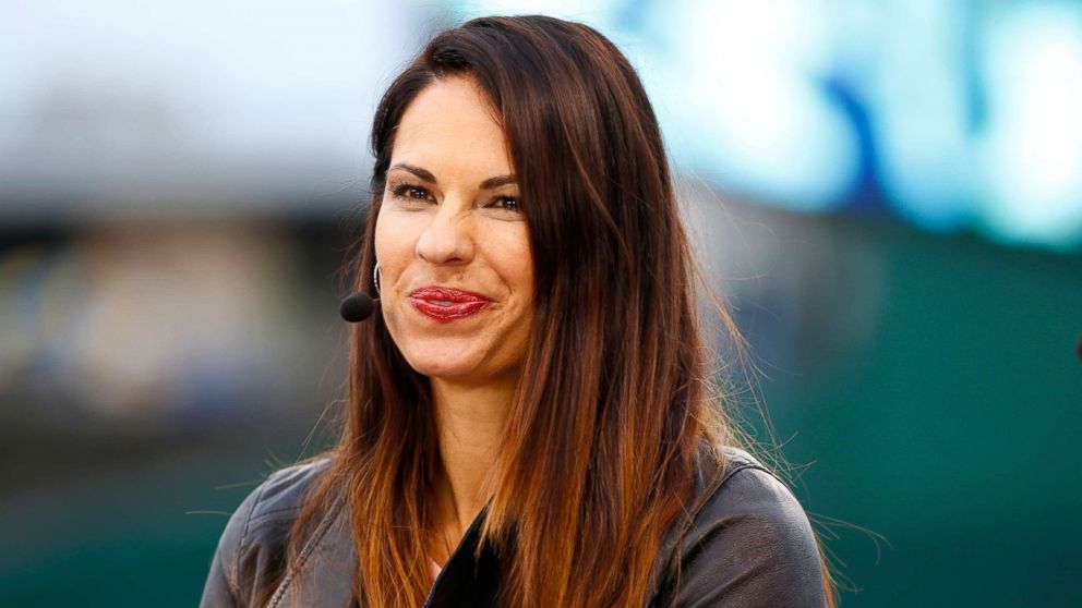 PHOTO: Jessica Mendoza of ESPN speaks before the 2015 World Series between the Royals and Mets at Kauffman Stadium, Oct. 26, 2015, in Kansas City, Missouri.