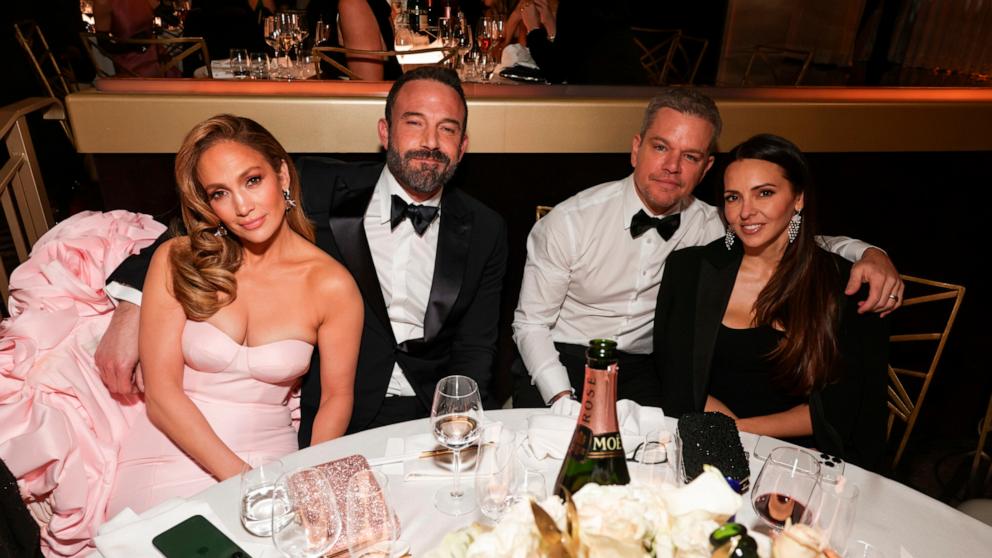 PHOTO: Jennifer Lopez, Ben Affleck, Matt Damon and Luciana Barroso at the 81st Annual Golden Globe Awards, Beverly Hills, Jan.7, 2024.