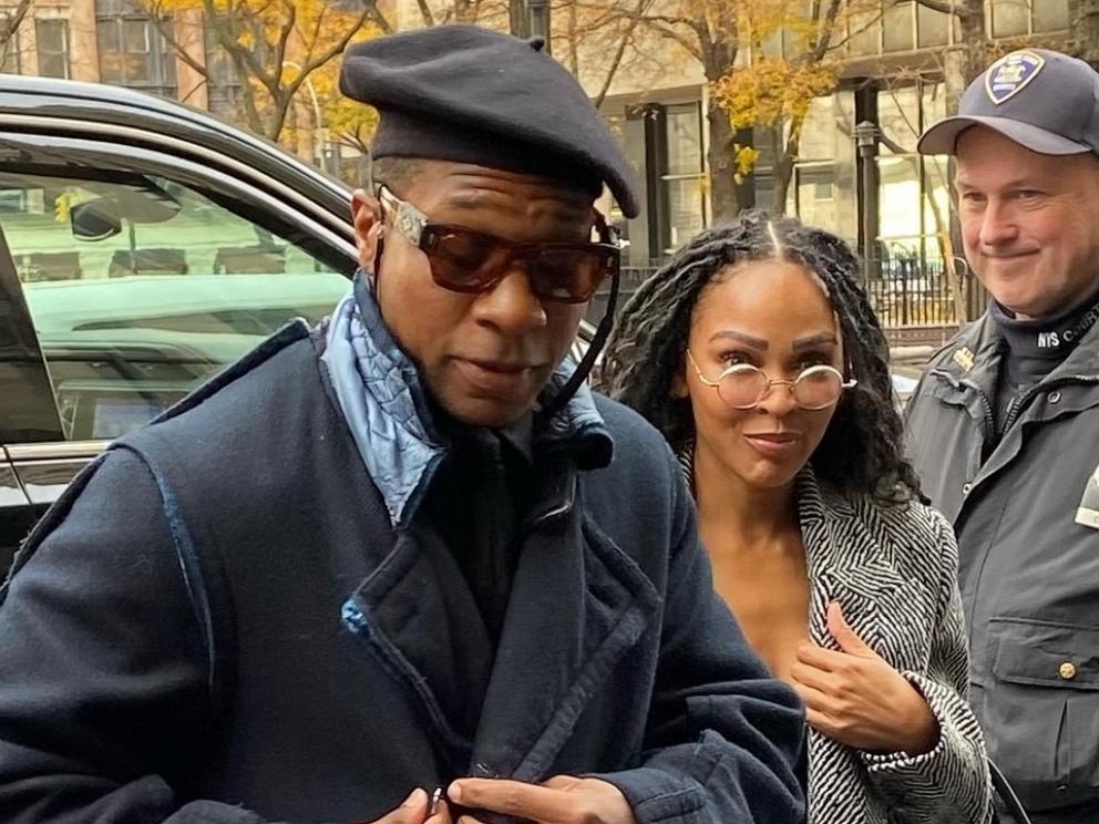 PHOTO: Actor Jonathan Majors arrives to court in Manhattan, N.Y., for the start of opening arguments in his domestic abuse trial, alongside girlfriend Meagan Good, on Monday, Dec. 4, 2023.
