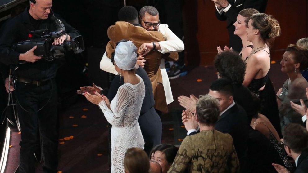 PHOTO: Jordan Peele hugs Daniel Kaluuya after winning the Oscar for best original screenplay for "Get Out" during the 90th Academy Awards at the Dolby Theater in Los Angeles, March 4, 2018.