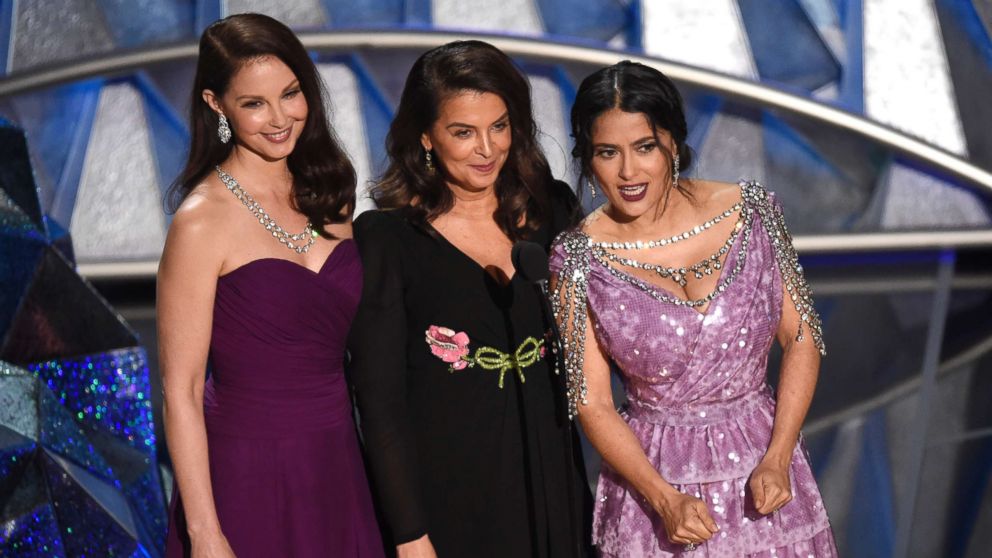 PHOTO: Ashley Judd, from left, Annabella Sciorra and Salma Hayek speak at the Oscars, March 4, 2018, at the Dolby Theatre in Los Angeles. 