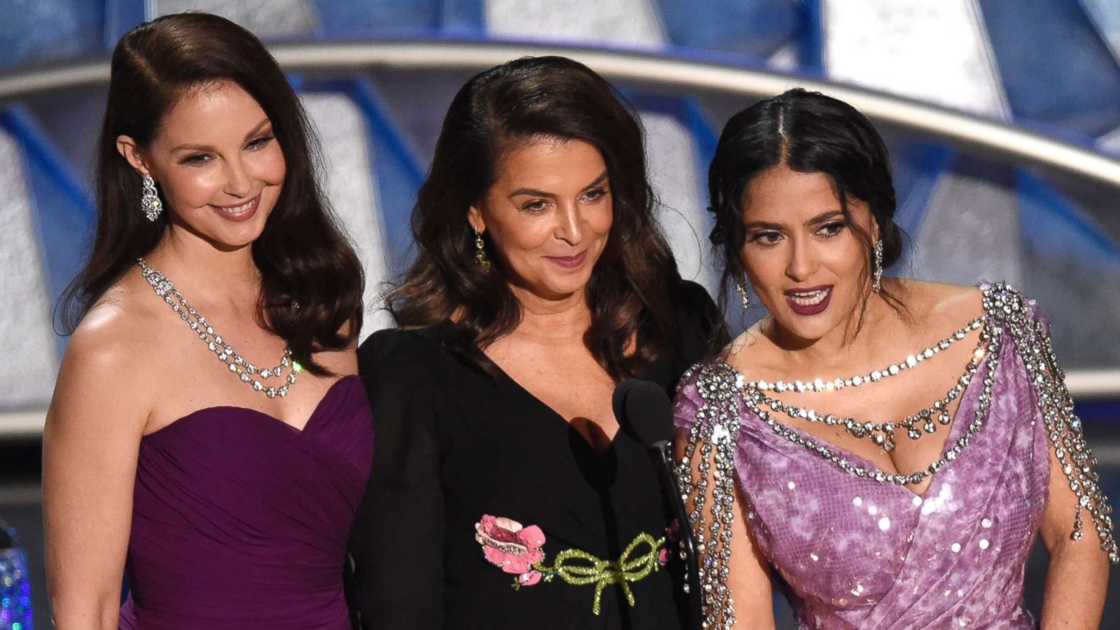 PHOTO: Ashley Judd, from left, Annabella Sciorra and Salma Hayek speak at the Oscars, March 4, 2018, at the Dolby Theatre in Los Angeles.