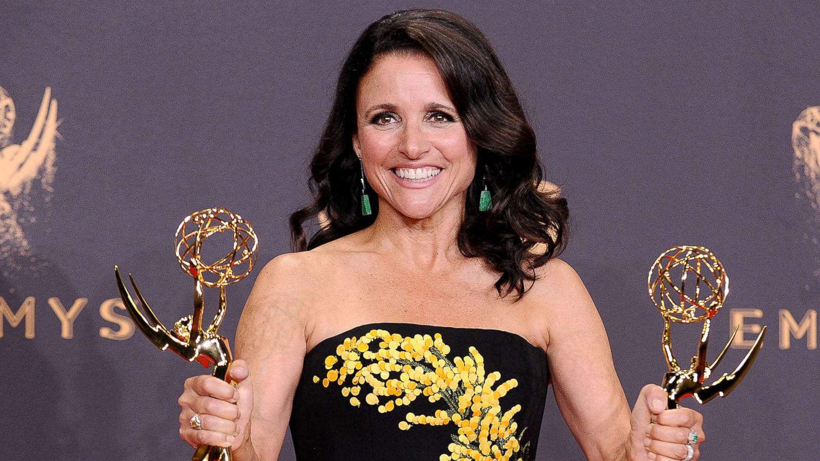 PHOTO: Julia Louis-Dreyfus poses in the press room at the 69th annual Primetime Emmy Awards, Sept. 17, 2017, in Los Angeles.