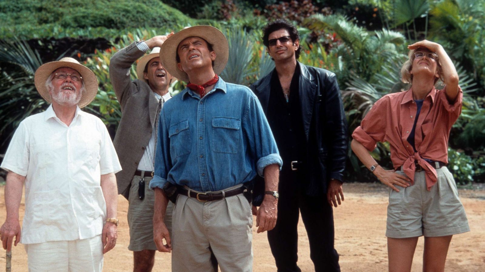 PHOTO: From left, Richard Attenborough, Martin Ferrero, Sam Neill, Jeff Goldblum and Laura Dern in a scene from the film "Jurassic Park", 1993.