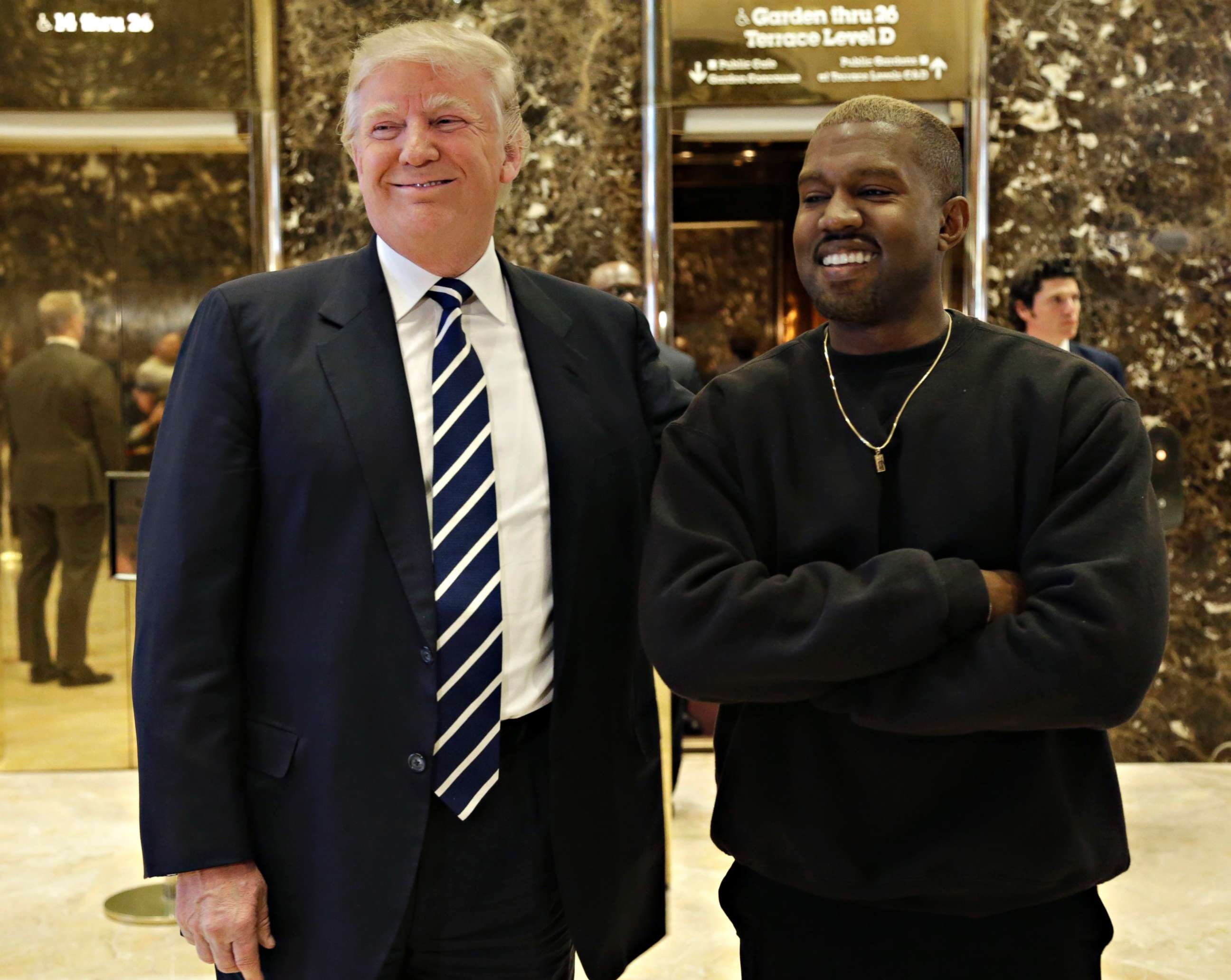 PHOTO: President-elect Donald Trump and Kanye West pose for a picture in the lobby of Trump Tower in New York, in this Dec. 13, 2016 file photo. 