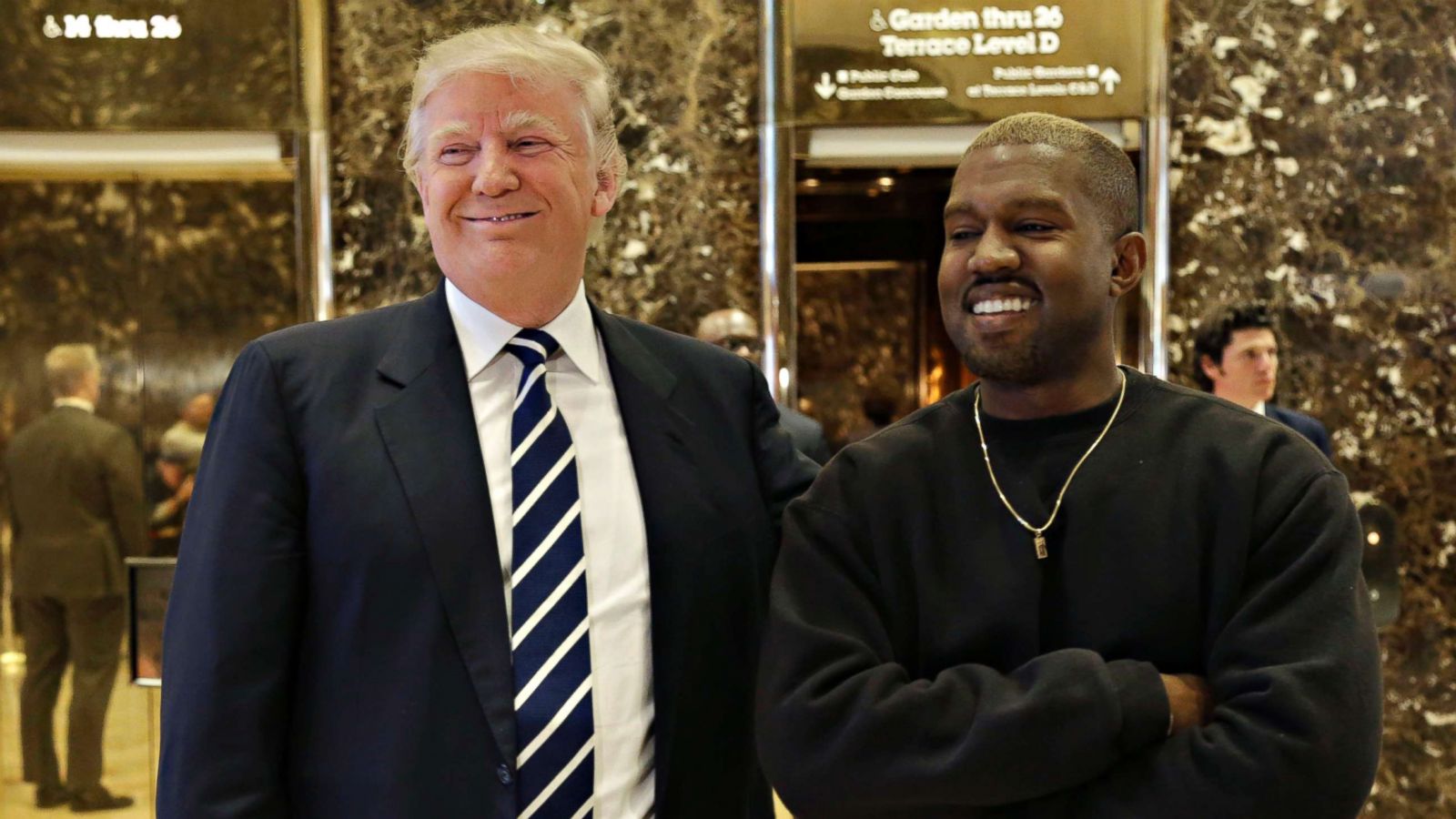 PHOTO: File photo of President-elect Donald Trump and Kanye West posing for a picture in the lobby of Trump Tower in New York, Dec. 13, 2016.