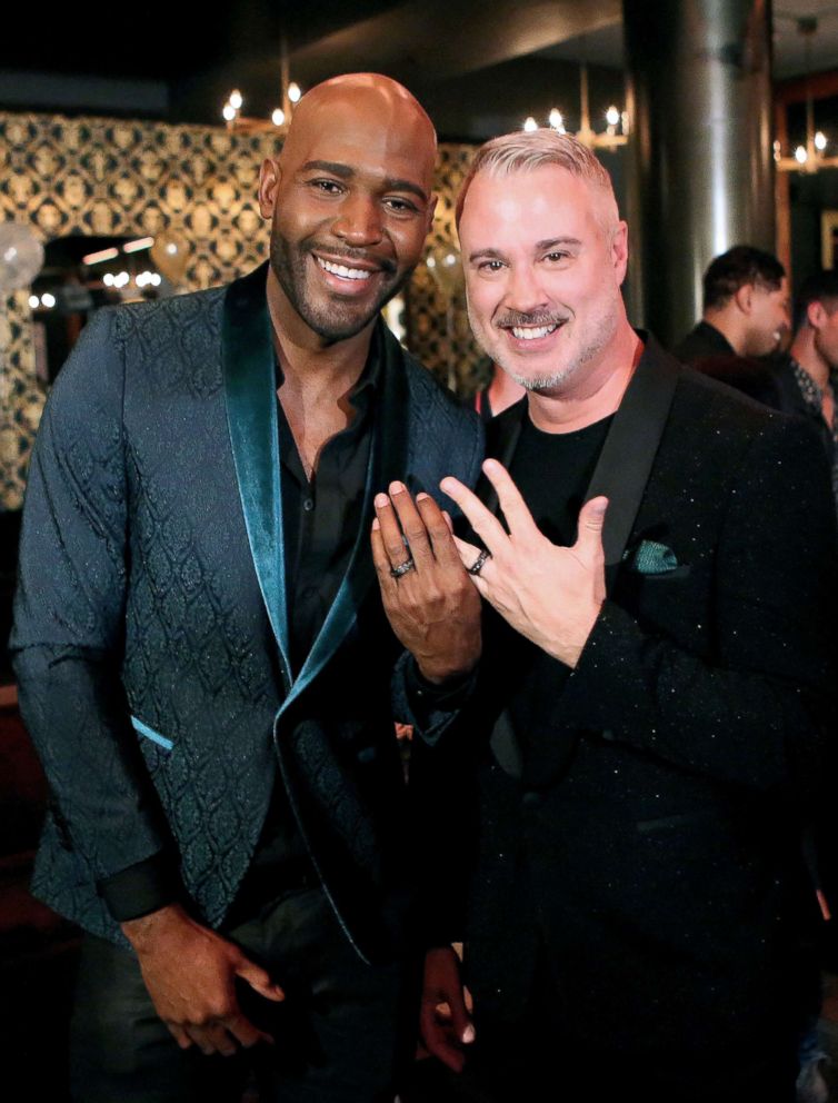 PHOTO: Karamo Brown, left, and Ian Jordan after surprise engagement at HYDE Sunset: Kitchen + Cocktails, May 9, 2018, in West Hollywood, Calif.