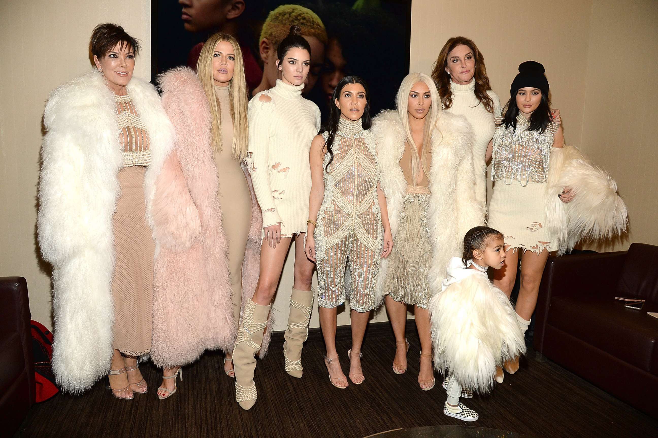 PHOTO: Khloe Kardashian, Kris Jenner, Kendall Jenner, Kourtney Kardashian, Kim Kardashian West, North West, Caitlyn Jenner and Kylie Jenner attend Kanye West Yeezy Season 3 at Madison Square Garden on Feb. 11, 2016 in New York City. 