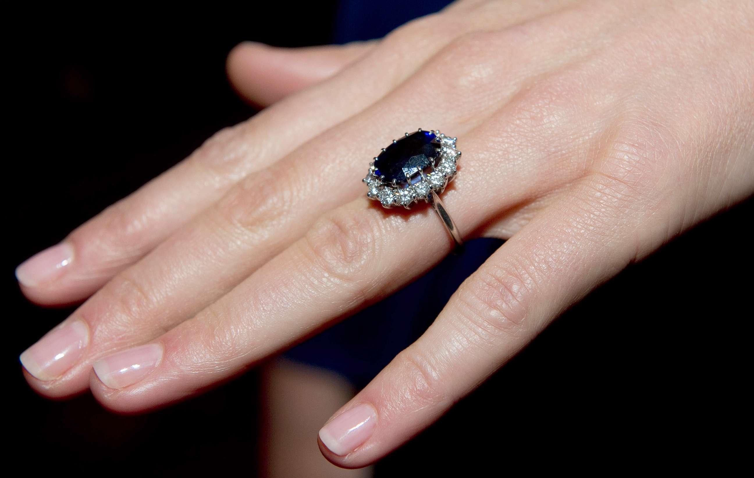 PHOTO: A close up of Kate Middleton's engagement ring as she poses for photographs in the State Apartments with her fiance Prince William of St James Palace, Nov. 16, 2010, in London.
