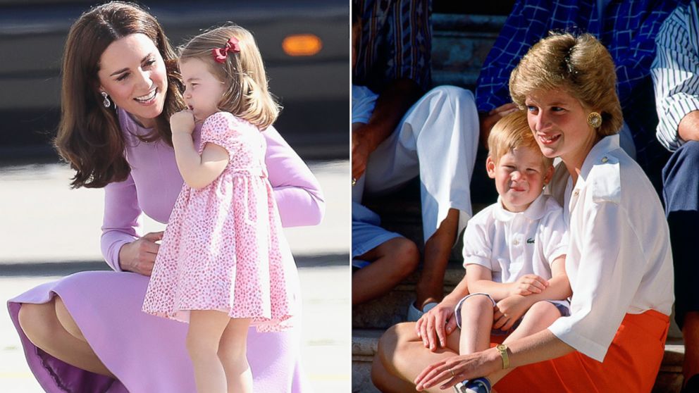 PHOTO:Katherine, Duchess of Cambridge and Princess Charlotte of Cambridge at Hamburg airport on July 21, 2017. Diana, Princess Of Wales, sits on the steps of the Marivent Palace in Palma, Spain with Prince Harry on Aug. 13, 1988.