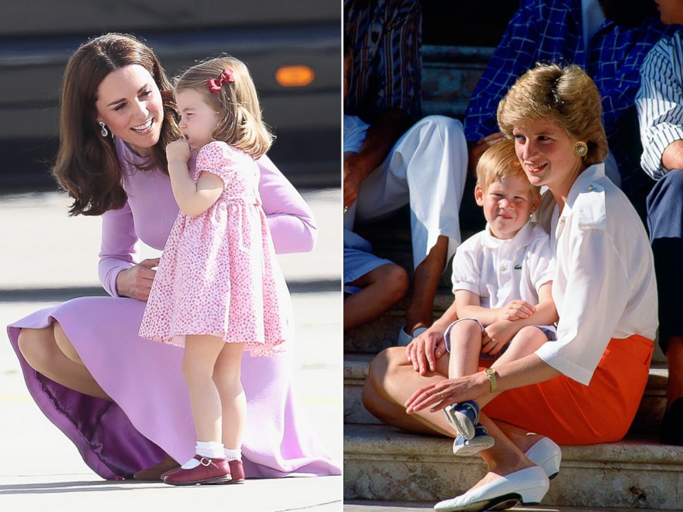 PHOTO:Katherine, Duchess of Cambridge and Princess Charlotte of Cambridge at Hamburg airport on July 21, 2017. Diana, Princess Of Wales, sits on the steps of the Marivent Palace in Palma, Spain with Prince Harry on Aug. 13, 1988.